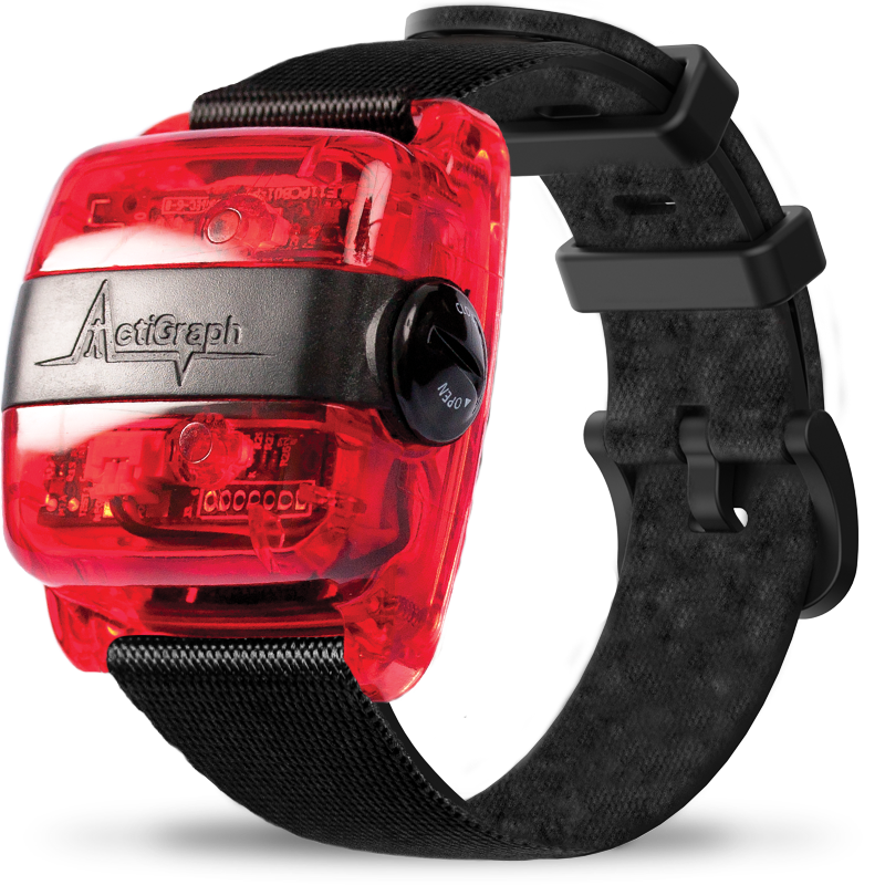 ActiGraph wGT3X-BT research accelerometer on a wrist strap